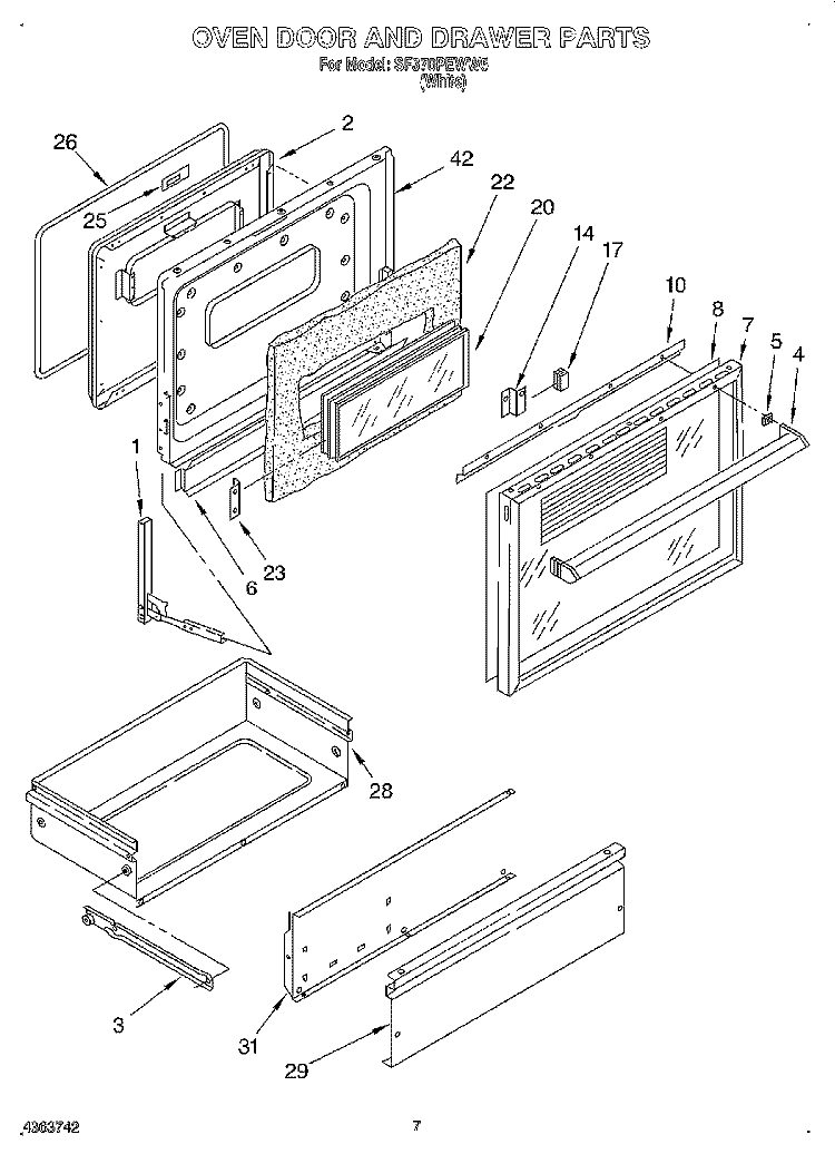 OVEN DOOR AND DRAWER Diagram and Parts List for SF370PEWW5  Whirlpool Range