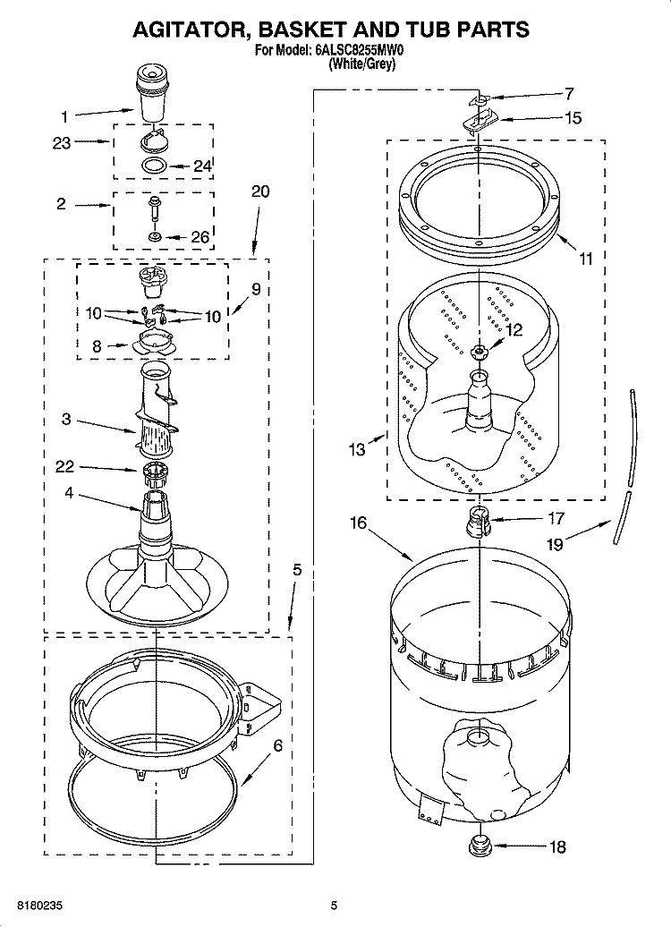 AGITATOR, BASKET AND TUB PARTS Diagram and Parts List for 6ALSC8255MW0  Whirlpool Washer