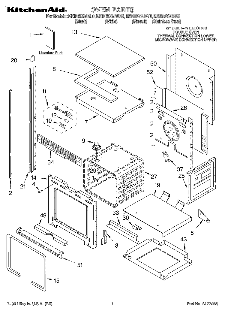 OVEN, LITERATURE Diagram and Parts List for KEHC379JSS0  KitchenAid Microwave Oven Combo