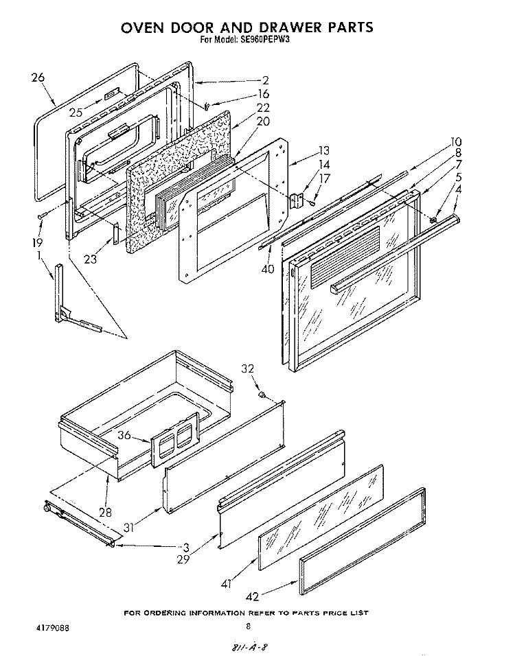 OVEN DOOR AND DRAWER Diagram and Parts List for SE960PEPW3  Whirlpool Range