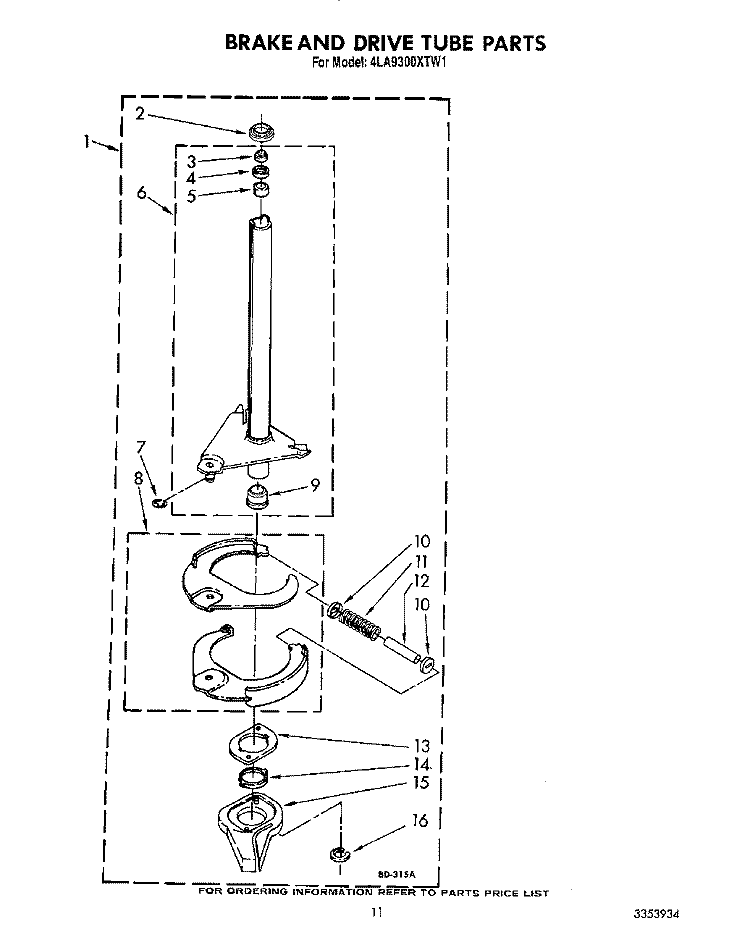 BRAKE AND DRIVE TUBE Diagram and Parts List for 4LA9300XTG1  Whirlpool Washer