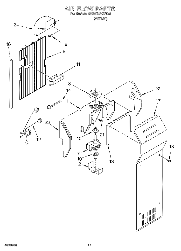 AIR FLOW Diagram and Parts List for 4YED25PQFN03  Whirlpool Refrigerator