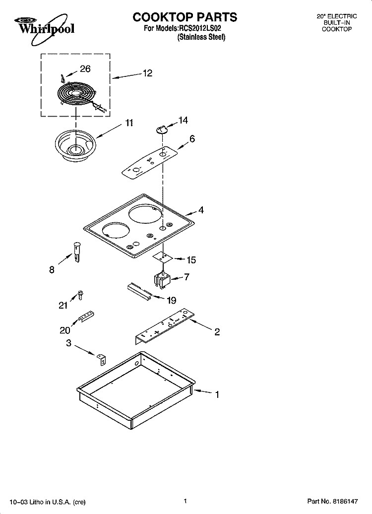 COOKTOP PARTS, MISCELLANEOUS PARTS Diagram and Parts List for RCS2012LS02  Whirlpool Cooktop