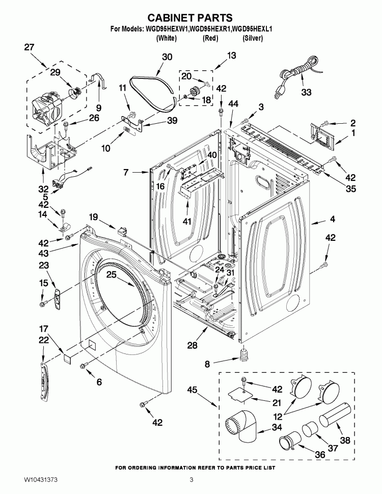 CABINET PARTS Diagram and Parts List for WGD95HEXW1  Whirlpool Dryer
