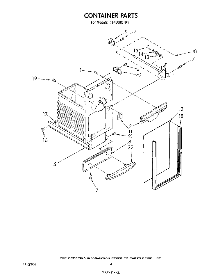 CONTAINER Diagram and Parts List for TF4600XTP1  Whirlpool Trash Compactor