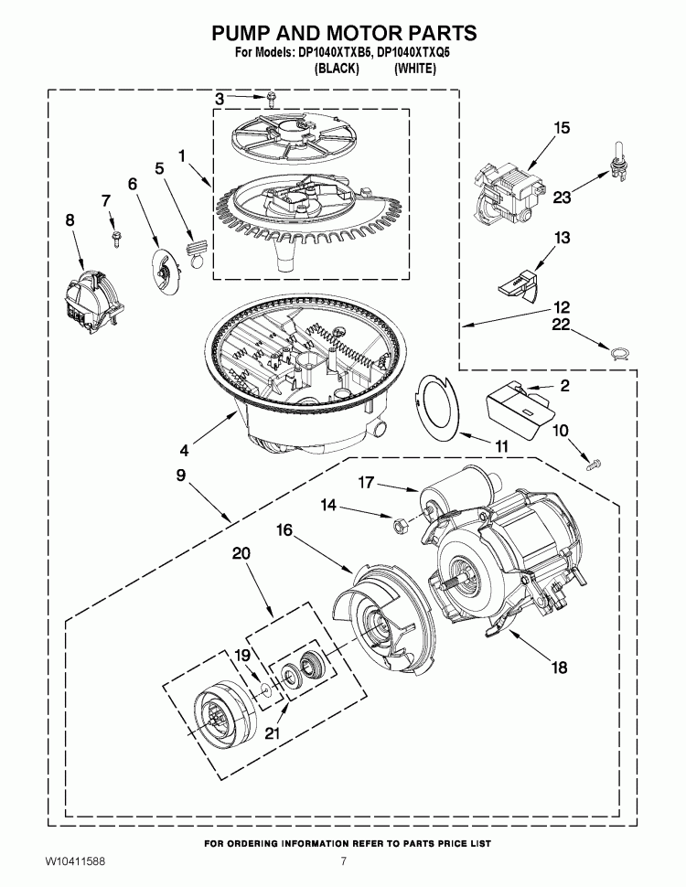PUMP AND MOTOR PARTS Diagram and Parts List for DP1040XTXB5  Whirlpool Dishwasher