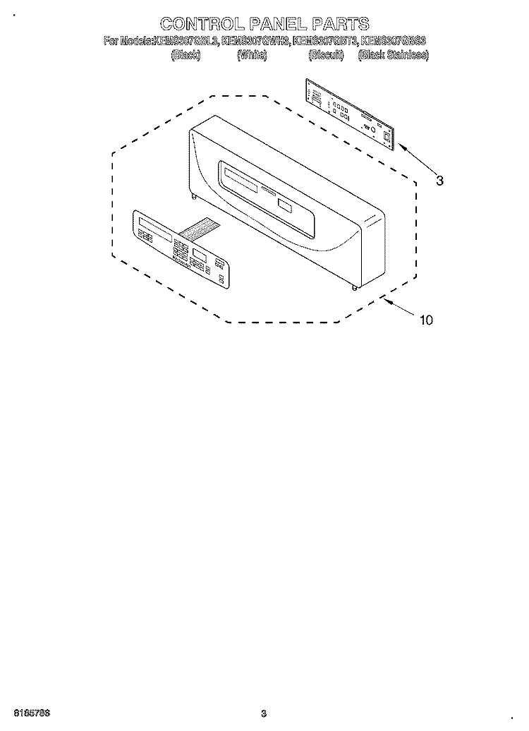 CONTROL PANEL Diagram and Parts List for KEMS307GWH3  KitchenAid Microwave Oven Combo