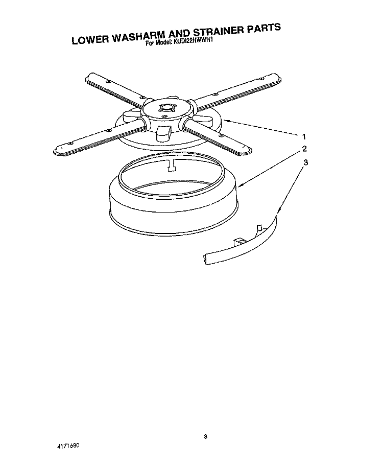 LOWER WASHARM AND STRAINER Diagram and Parts List for KUDI22HWWH1  KitchenAid Dishwasher