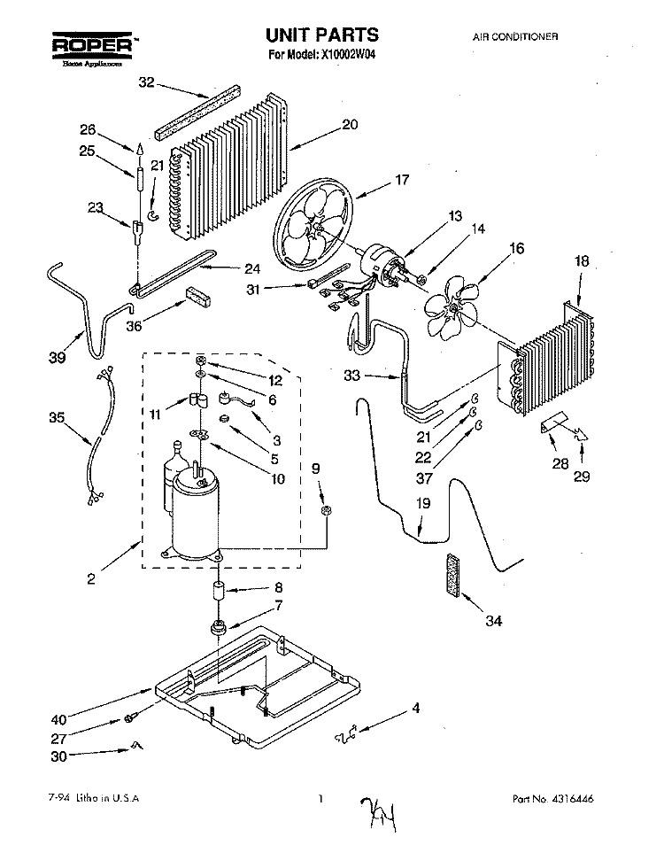 UNIT, LITERATURE Diagram and Parts List for X10002W04  Roper Air Conditioner