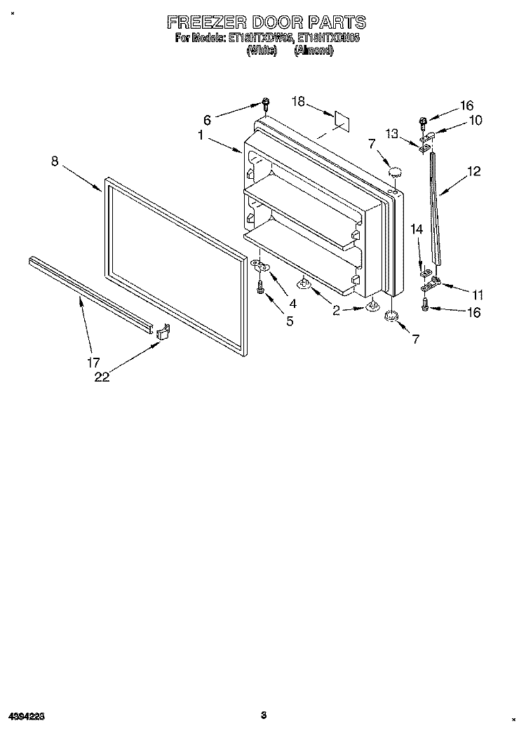 FREEZER DOOR Diagram and Parts List for ET18HTXDN05  Whirlpool Refrigerator