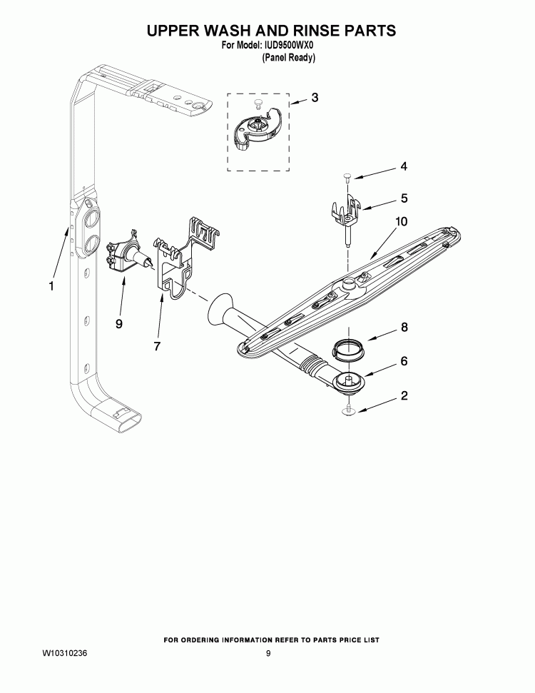 UPPER WASH AND RINSE PARTS Diagram and Parts List for IUD9500WX0  Whirlpool Dishwasher