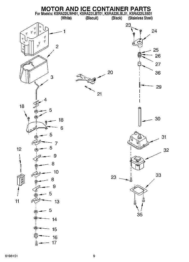 MOTOR AND ICE CONTAINER PARTS Diagram and Parts List for KSRA22ILBL01  KitchenAid Refrigerator