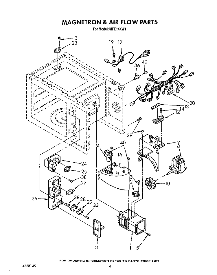 MAGNETRON AND AIR FLOW Diagram and Parts List for MFE14XW1  Roper Microwave