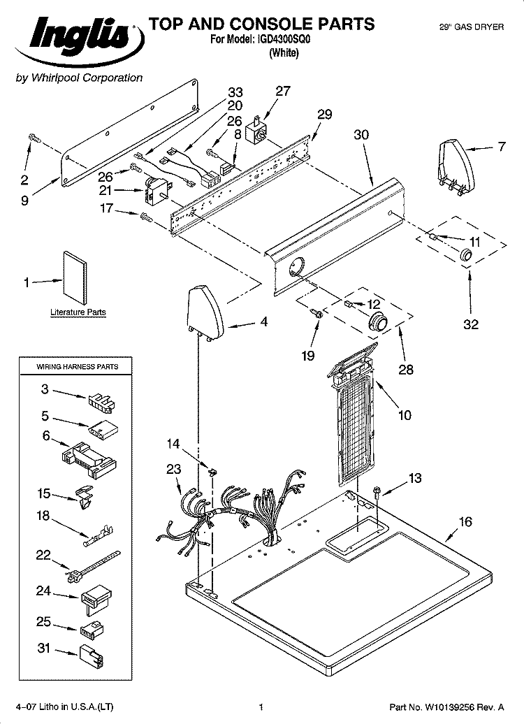 TOP AND CONSOLE PARTS Diagram and Parts List for IGD4300SQ0  Inglis Dryer