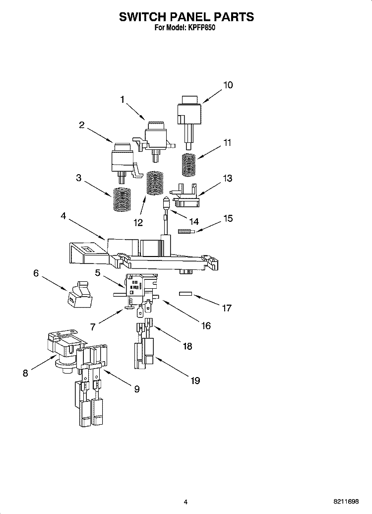 SWITCH PANEL PARTS Diagram and Parts List for KPFP850  KitchenAid Food Processor