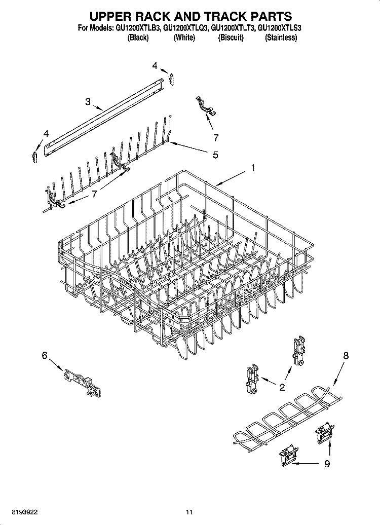 UPPER RACK AND TRACK PARTS Diagram and Parts List for GU1200XTLT3  Whirlpool Dishwasher