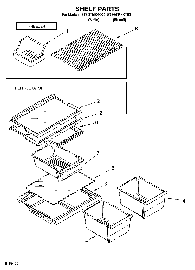 SHELF PARTS, OPTIONAL PARTS Diagram and Parts List for ET8GTMXKT02  Whirlpool Refrigerator