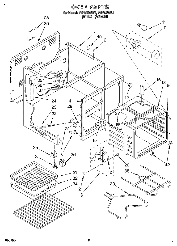 OVEN Diagram and Parts List for FEP330BW1  Roper Range