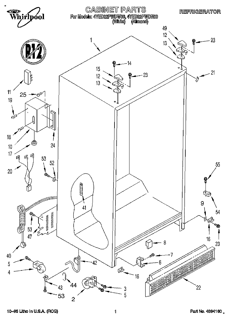 CABINET Diagram and Parts List for 4YED22PWDW00  Whirlpool Refrigerator