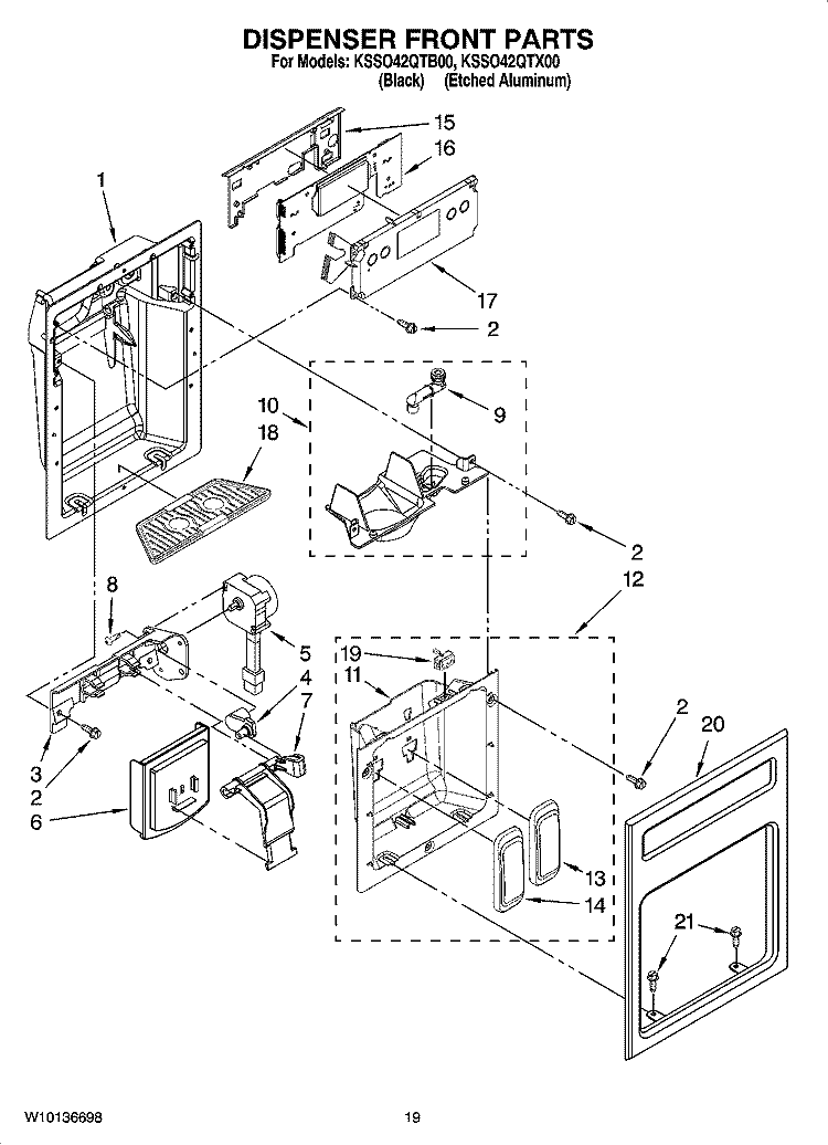 DISPENSER FRONT PARTS Diagram and Parts List for KSSO42QTB00  KitchenAid Refrigerator