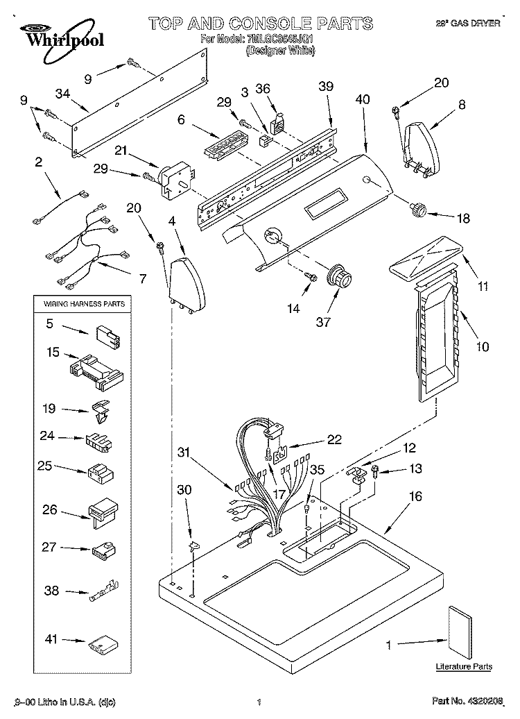 TOP AND CONSOLE, LIT/OPTIONAL Diagram and Parts List for 7MLGC9545JQ1  Whirlpool Dryer