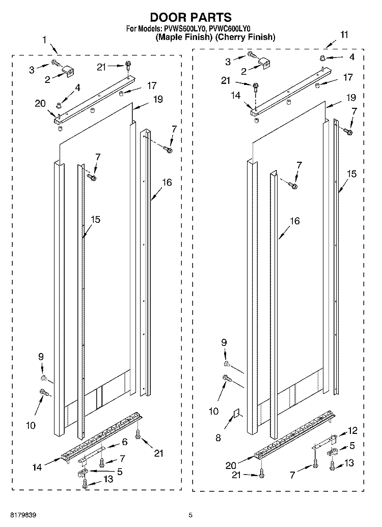 DOOR Diagram and Parts List for PVWS600LY0  Whirlpool Cabinet