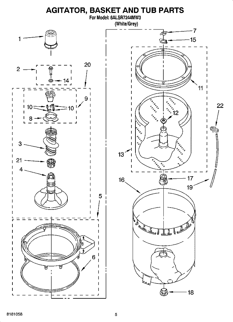 AGITATOR, BASKET AND TUB PARTS Diagram and Parts List for 6ALSR7244MW3  Whirlpool Washer