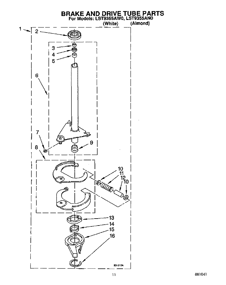BRAKE AND DRIVE TUBE Diagram and Parts List for LST9355AN0  Whirlpool Washer