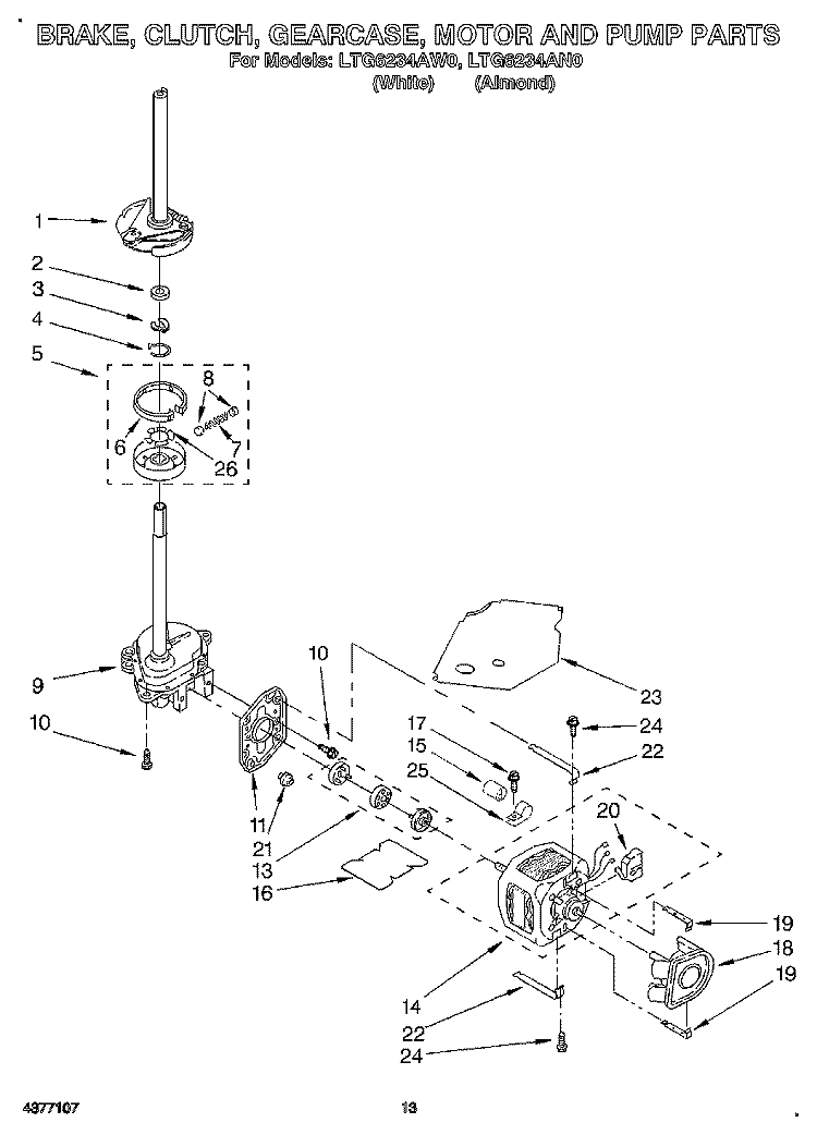 BRAKE, CLUTCH, GEARCASE, MOTOR AND PUMP Diagram and Parts List for LTG6234AN0  Whirlpool Washer Dryer Combo