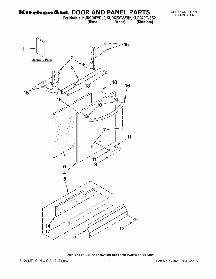 DOOR AND PANEL PARTS Diagram and Parts List for KUDC20FVSS2  KitchenAid Dishwasher