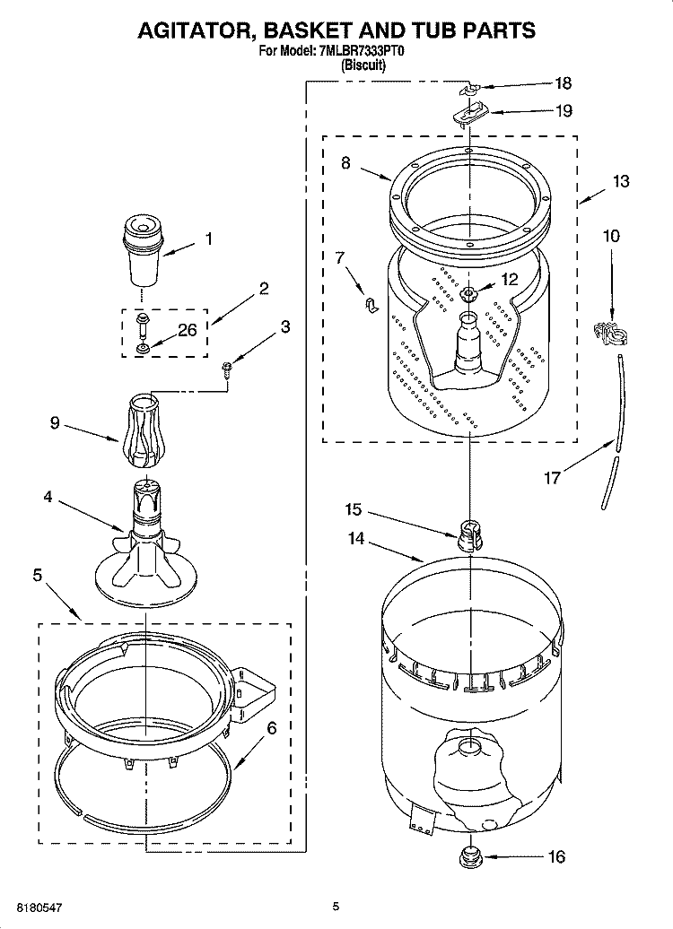 AGITATOR, BASKET AND TUB PARTS Diagram and Parts List for 7MLBR7333PT0  Whirlpool Washer