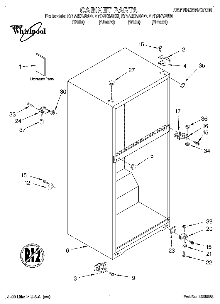 CABINET, LITERATURE Diagram and Parts List for ET17JKYJN00  Whirlpool Refrigerator
