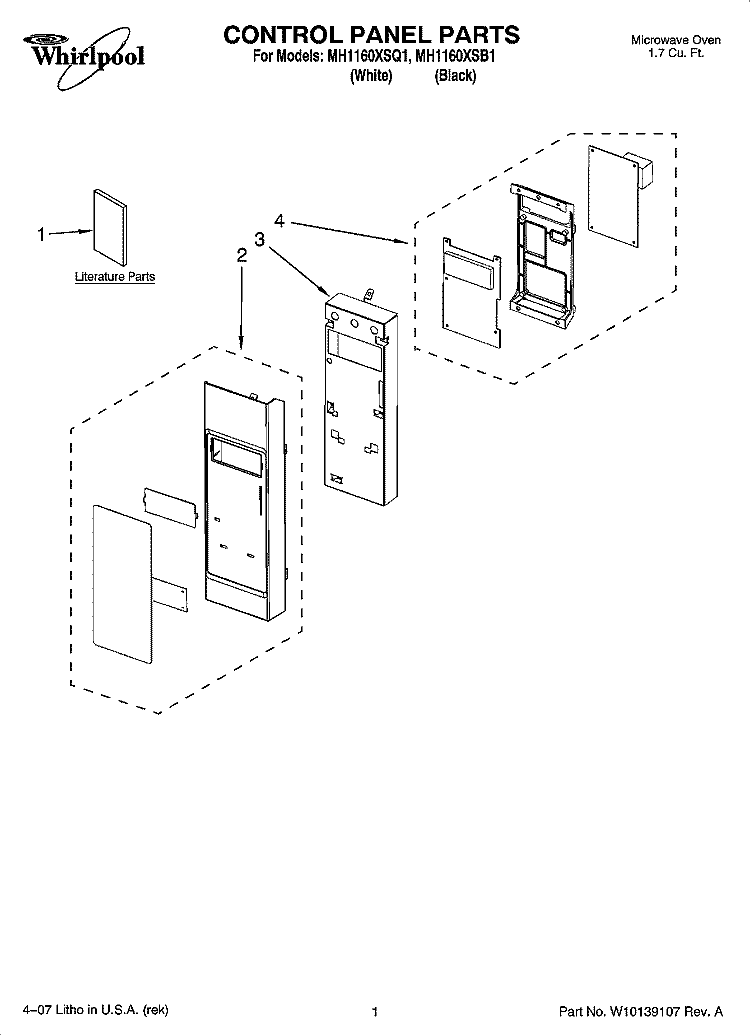 CONTROL PANEL PARTS Diagram and Parts List for MH1160XSB1  Whirlpool Microwave