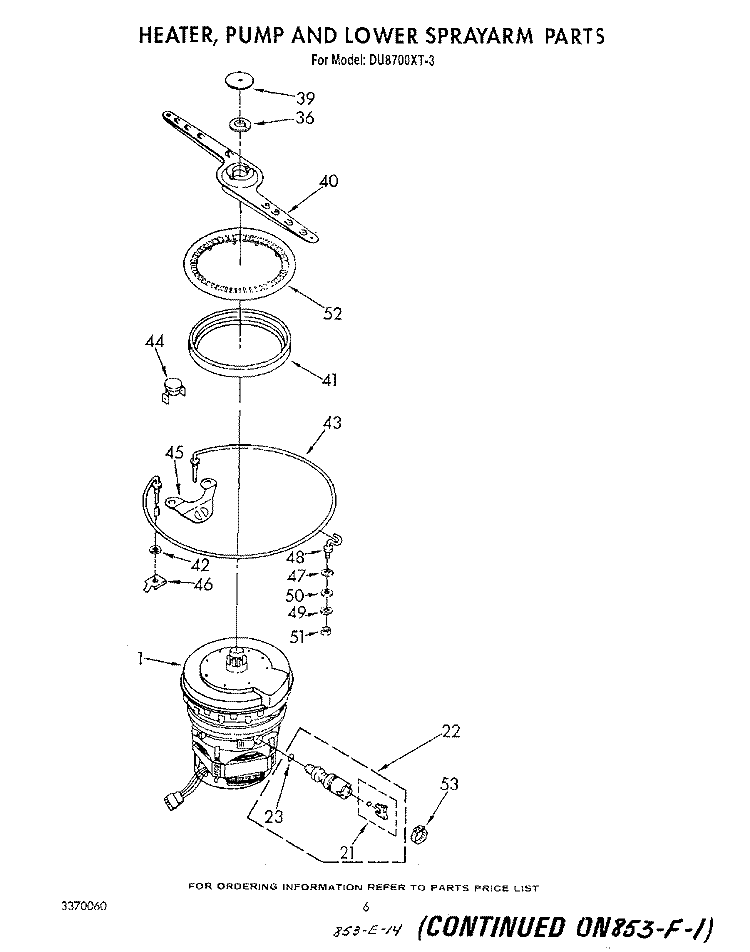 HEATER, PUMP AND LOWER SPRAY ARM Diagram and Parts List for DU8700XT3  Whirlpool Dishwasher