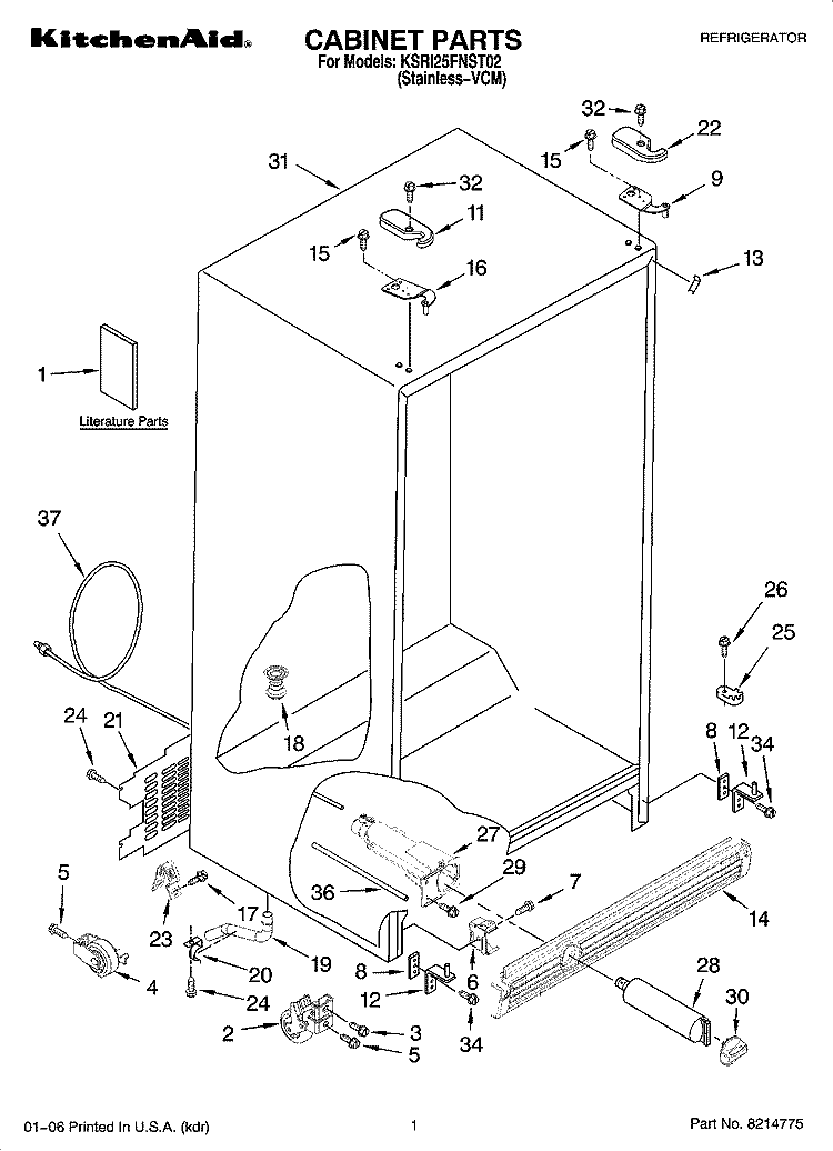 CABINET PARTS Diagram and Parts List for KSRI25FNST02  KitchenAid Refrigerator