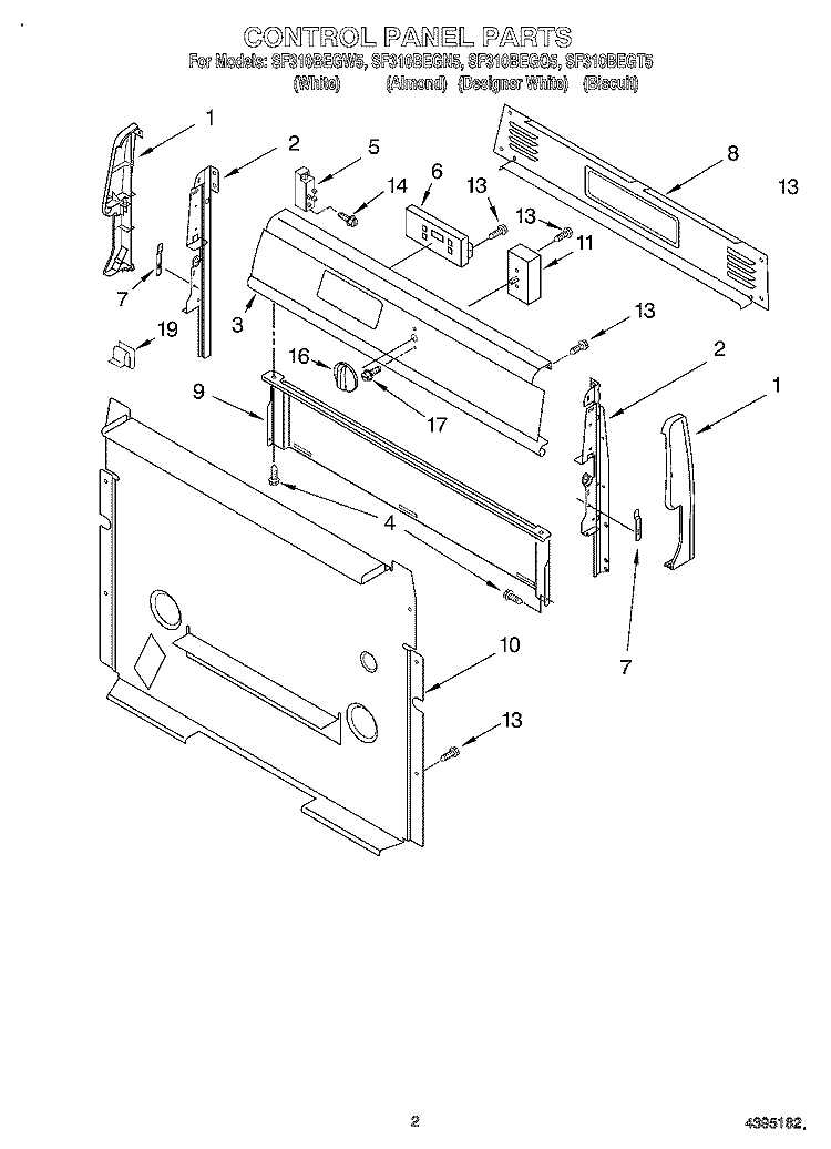 CONTROL PANEL Diagram and Parts List for SF310BEGW5  Whirlpool Range
