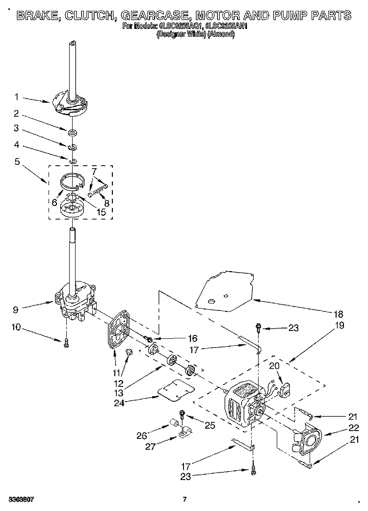 BRAKE, CLUTCH, GEARCASE, MOTOR & PUMP Diagram and Parts List for 6LSC9255AN1  Whirlpool Washer