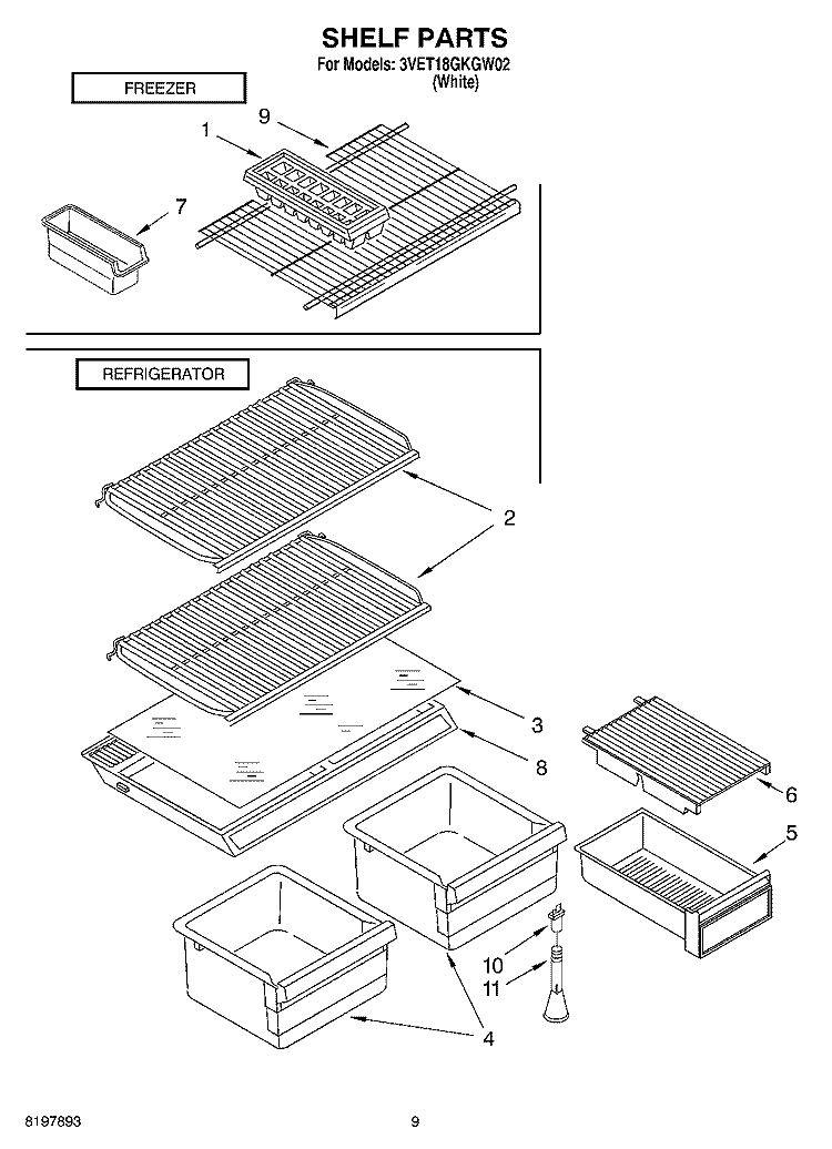 SHELF, OPTIONAL Diagram and Parts List for 3VET18GKGW02  Whirlpool Refrigerator