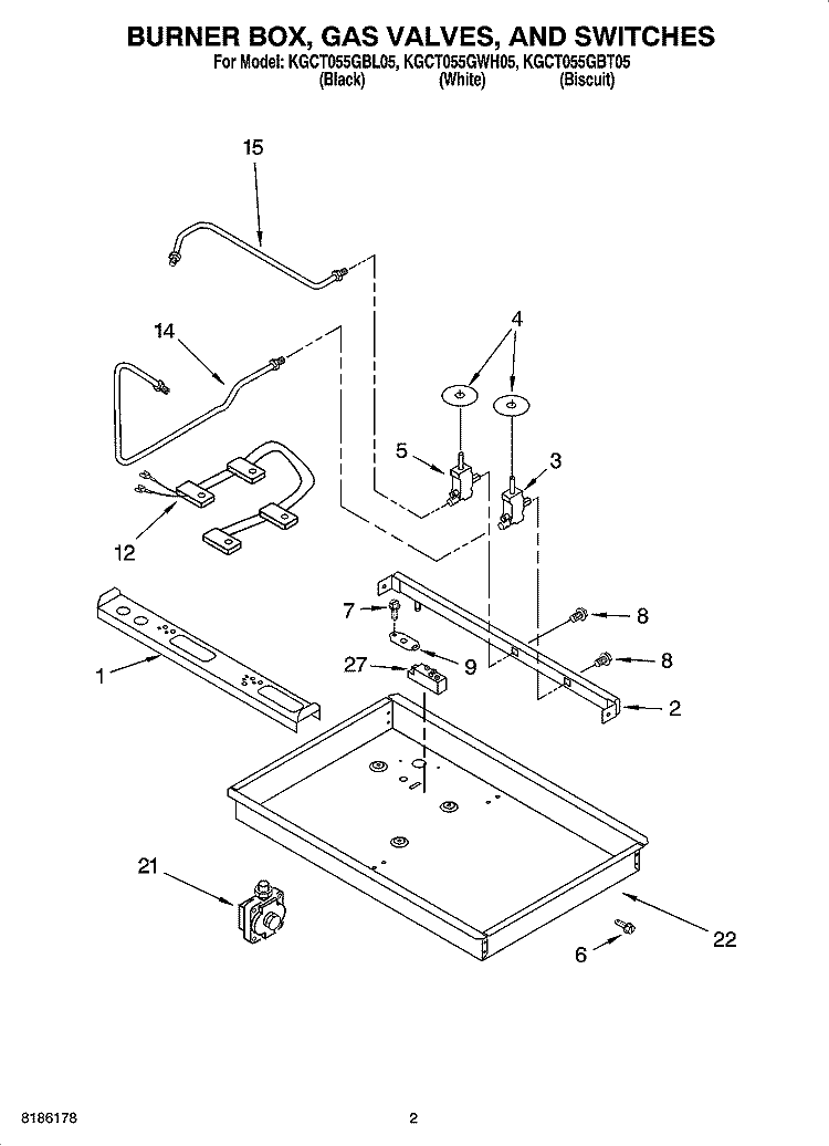 BURNER BOX, GAS VALVES, AND SWITCHES Diagram and Parts List for KGCT055GBT05  KitchenAid Cooktop