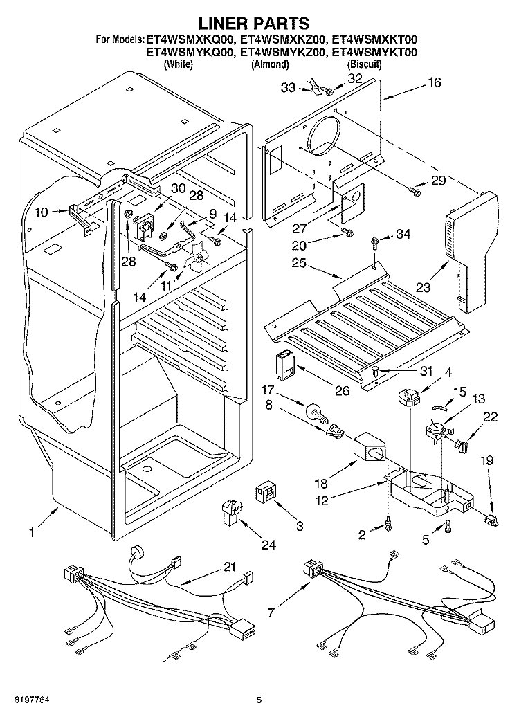 LINER Diagram and Parts List for ET4WSMYKT00  Whirlpool Refrigerator