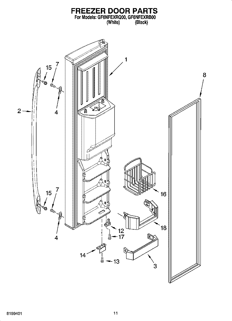 FREEZER DOOR PARTS Diagram and Parts List for GF6NFEXRQ00  Whirlpool Refrigerator