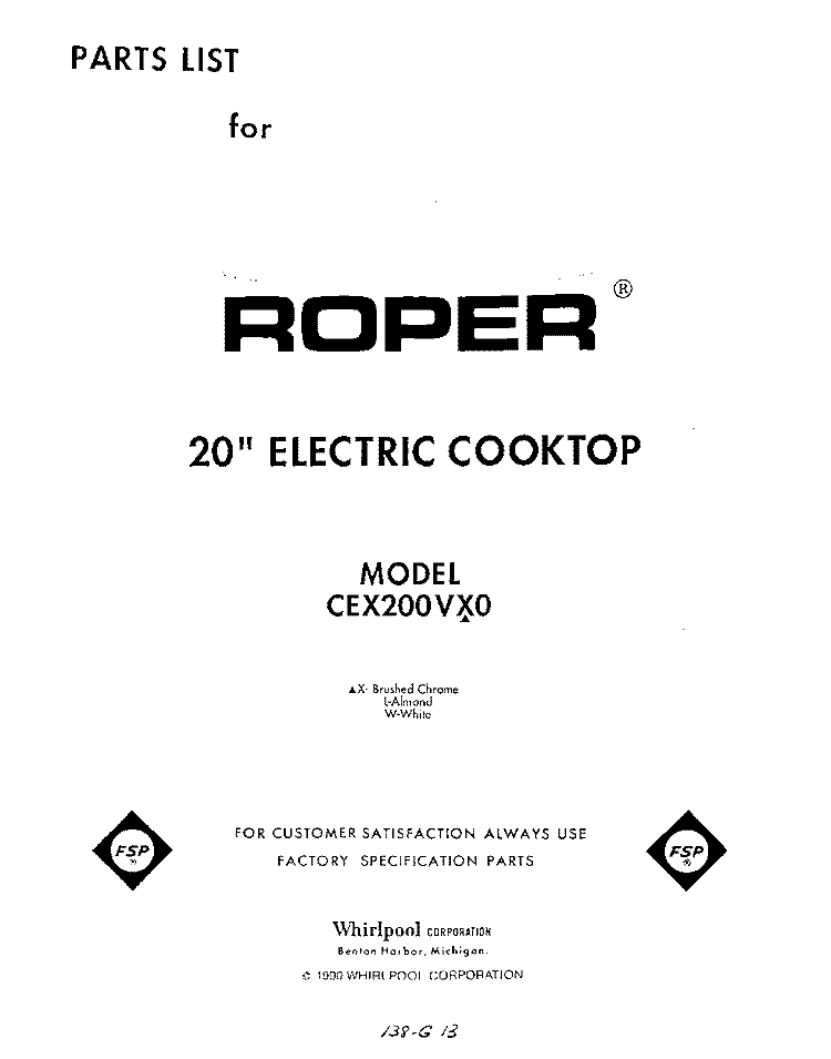 SECTION Diagram and Parts List for CEX200VX0  Roper Range