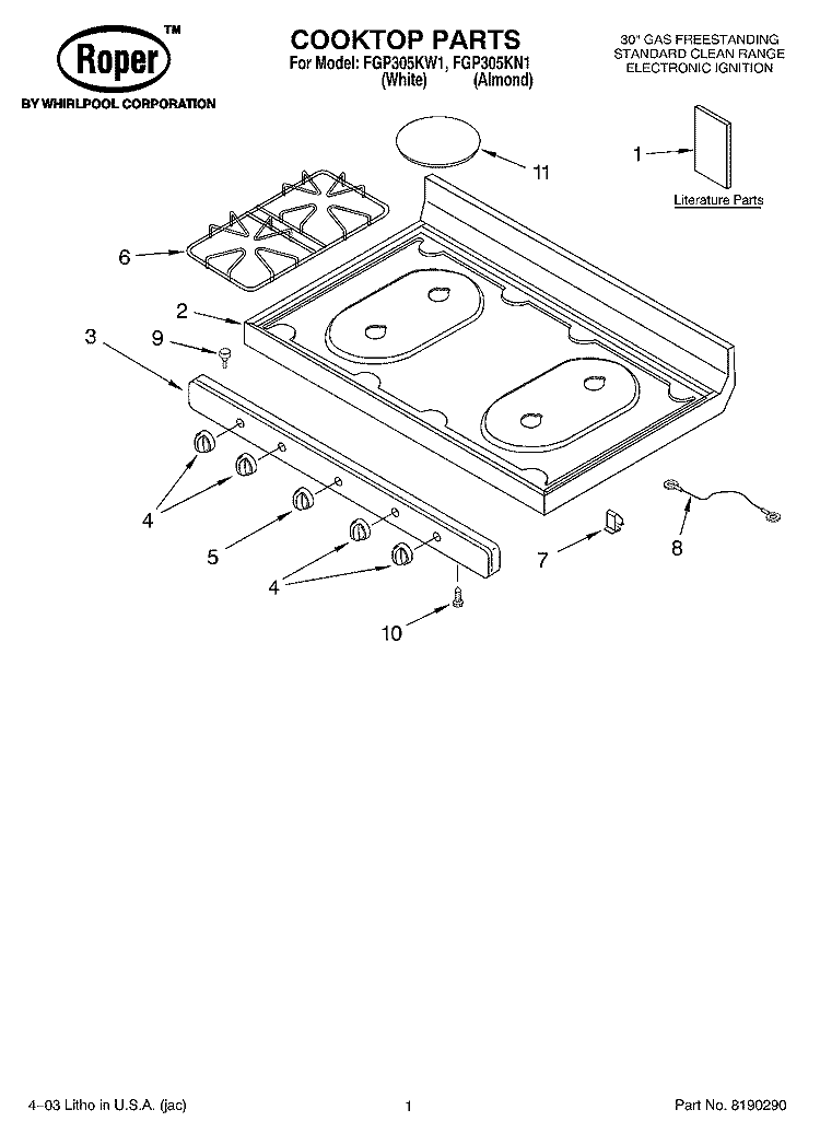 COOKTOP PARTS Diagram and Parts List for FGP305KN1  Roper Range