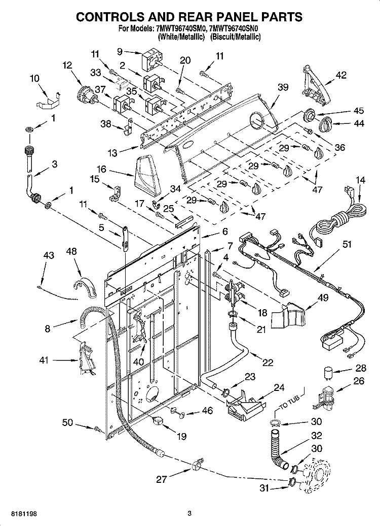 CONTROLS AND REAR PANEL PARTS Diagram and Parts List for 7MWT96740SN0  Whirlpool Washer