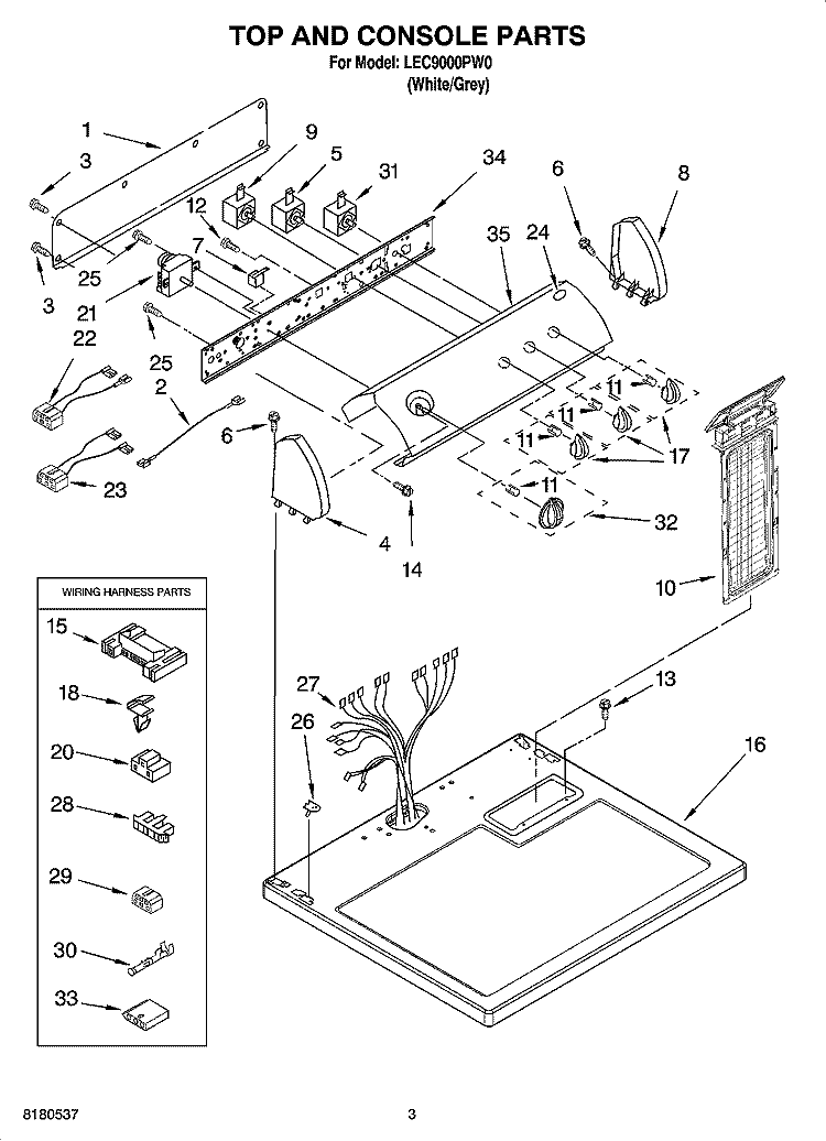 TOP AND CONSOLE PARTS Diagram and Parts List for LEC9000PW0  Whirlpool Dryer
