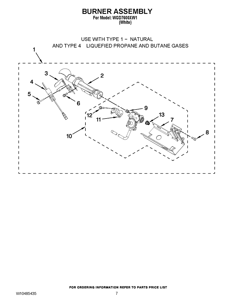 BURNER ASSEMBLY Diagram and Parts List for WGD7600XW1  Whirlpool Dryer