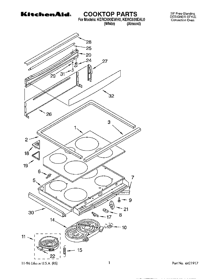 COOKTOP Diagram and Parts List for KERC600EAL0  KitchenAid Range