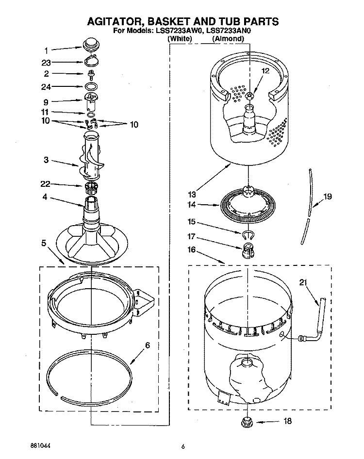 AGITATOR, BASKET AND TUB Diagram and Parts List for LSS7233AN0  Whirlpool Washer