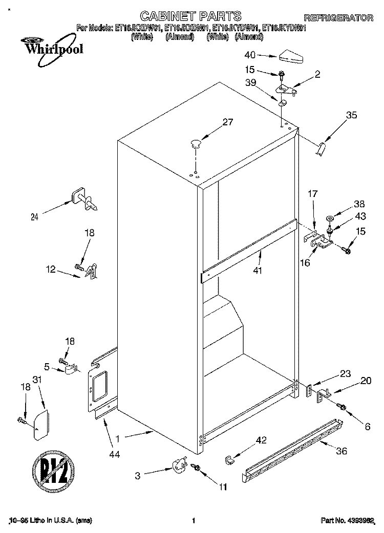 CABINET Diagram and Parts List for ET16JKXDN01  Whirlpool Refrigerator