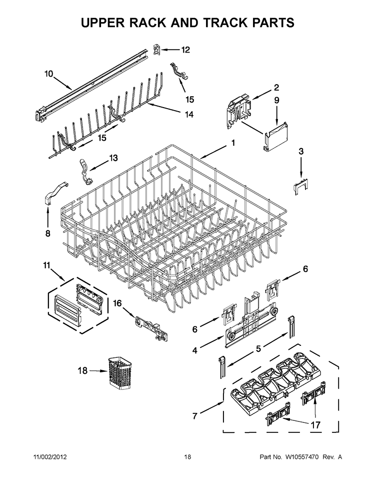 UPPER RACK AND TRACK PARTS Diagram and Parts List for KUDE40FXBT6  KitchenAid Dishwasher